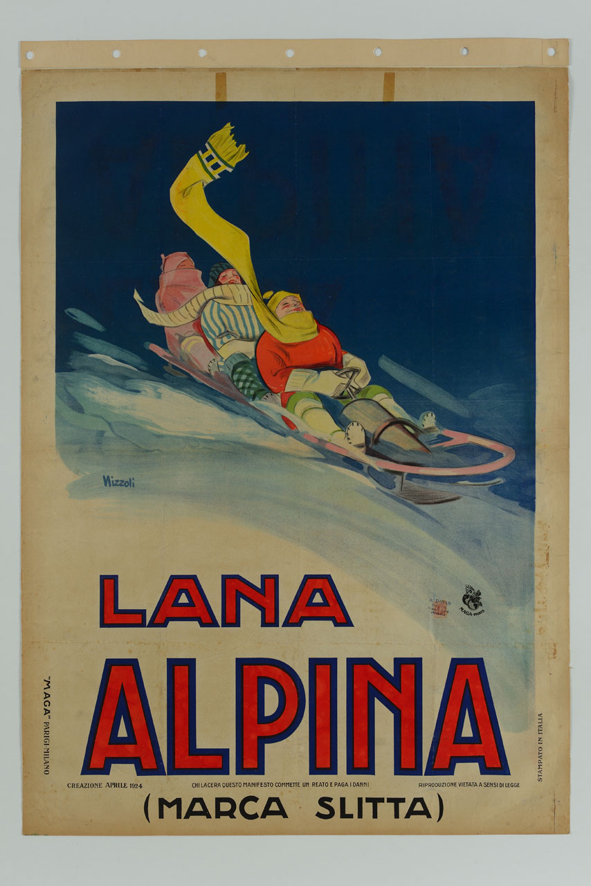 tre ragazzi su slitta in corsa (manifesto) di Nizzoli Marcello, MAGA (sec. XX)