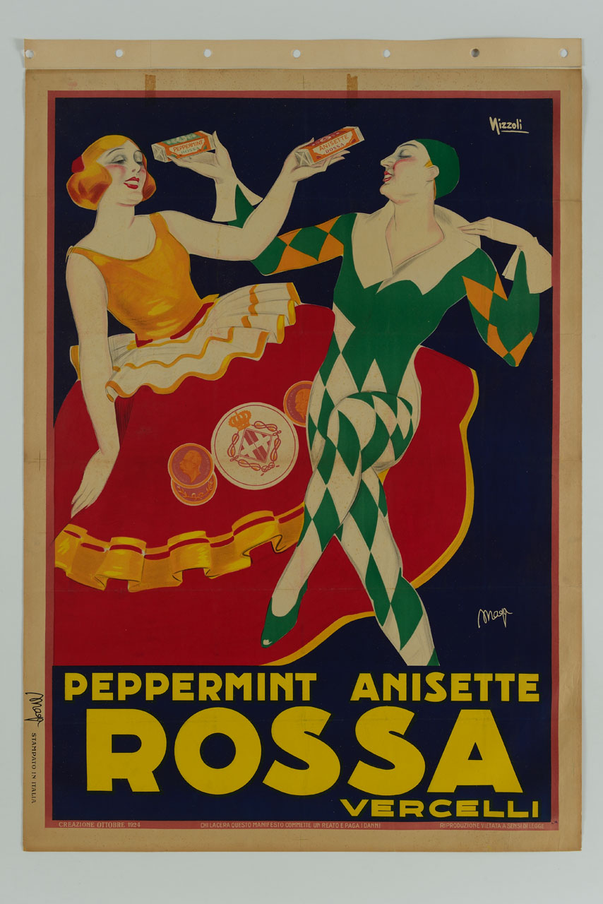 maschere carnevalesche maschile e femminile con in mano scatole di caramelle (manifesto) di Nizzoli Marcello, MAGA (sec. XX)