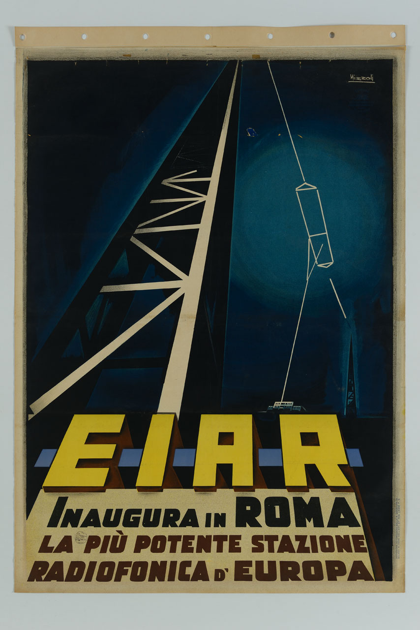 traliccio mette in comunicazione un edifico e un altro traliccio (manifesto) di Nizzoli Marcello (sec. XX)