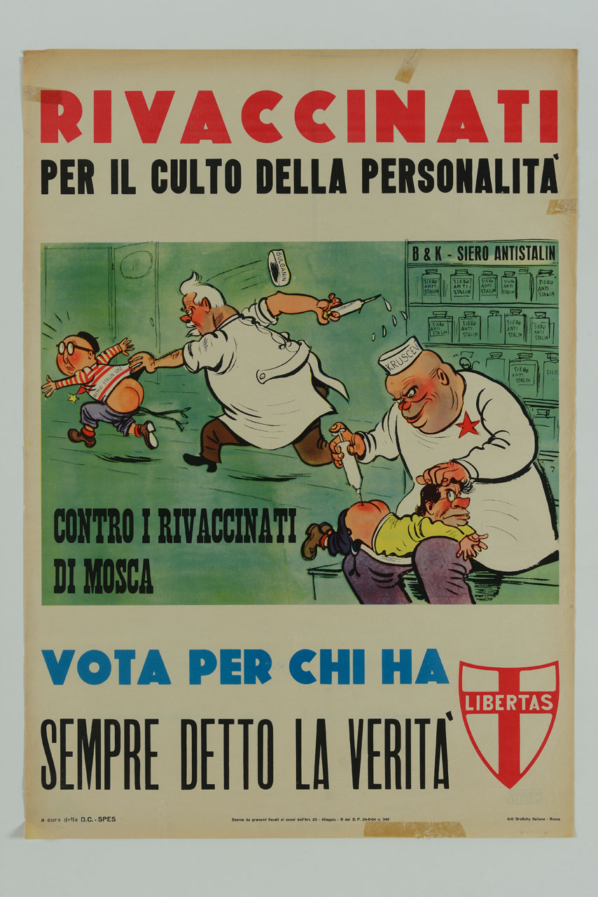 due infermieri con siringhe in mano inseguono pazienti impauriti (manifesto) - ambito italiano (sec. XX)