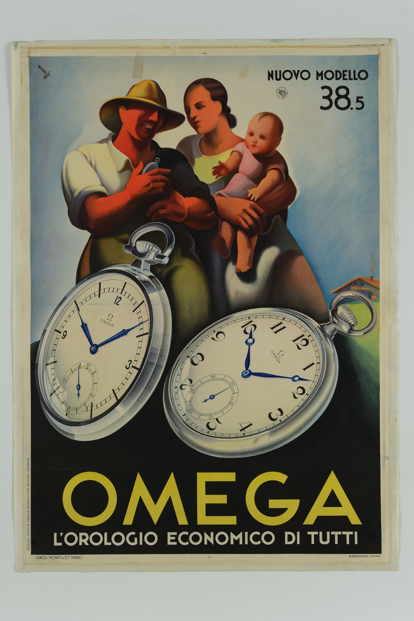 contadino mostra l'orologio a una donna con bambino in braccio (manifesto) di Gros Mario (sec. XX)