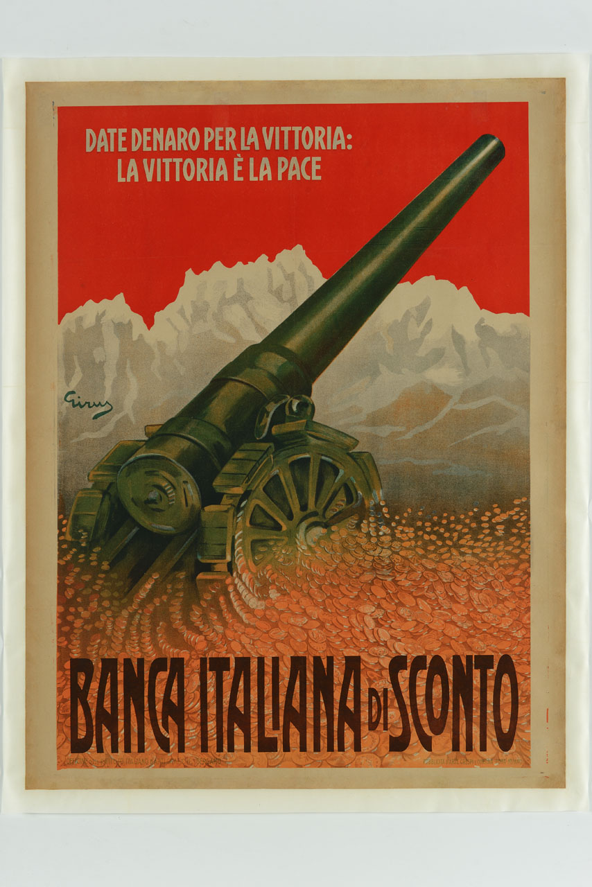 cannone immerso nelle monete e puntato contro montagne (manifesto) di Russo Giuseppe detto Girus (sec. XX)