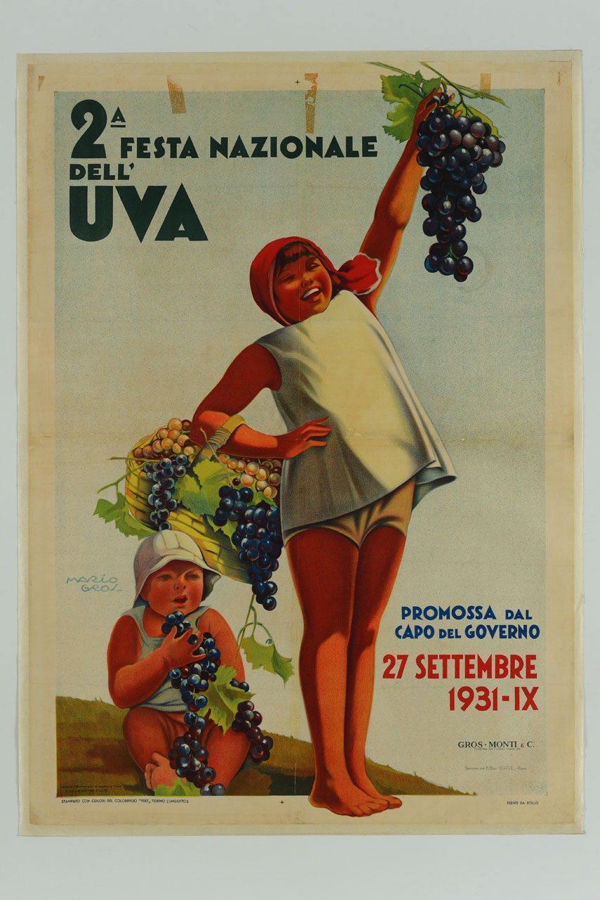bambina con cesto al braccio coglie un grappolo d'uva accanto a un bambino seduto con un grappolo d'uva tra le mani (manifesto) di Gros Mario (sec. XX)