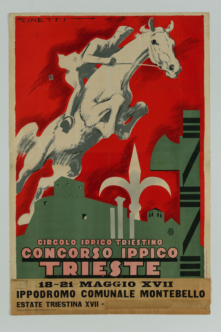 cavallo e cavaliere saltano l'ostacolo costituito dal Castello e dalla Cattedrale di San Giusto (manifesto, stampa composita) di De Finetti Gino (sec. XX)