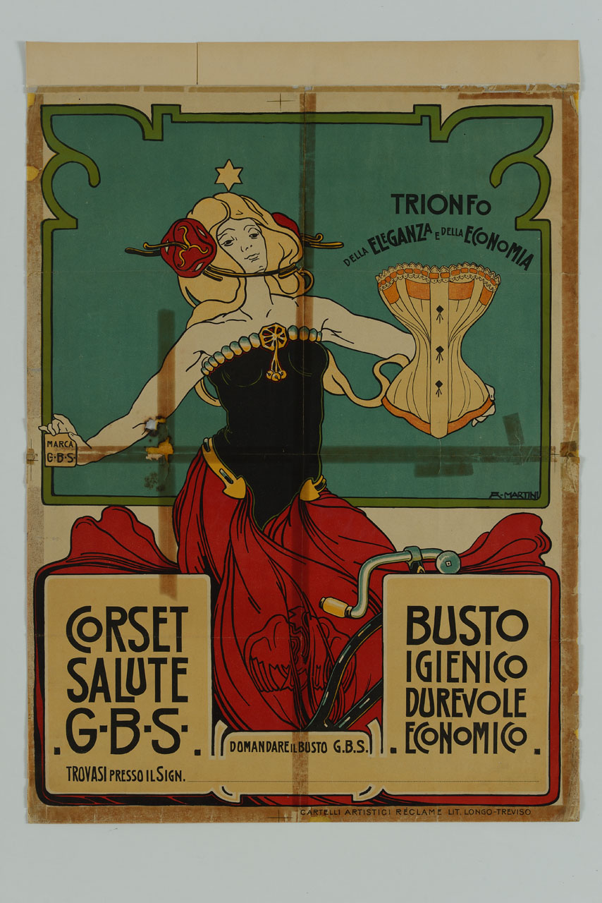 donna in bicicletta mostra un corsetto (manifesto) di Martini Alberto Giacomo Spiridione (sec. XX)