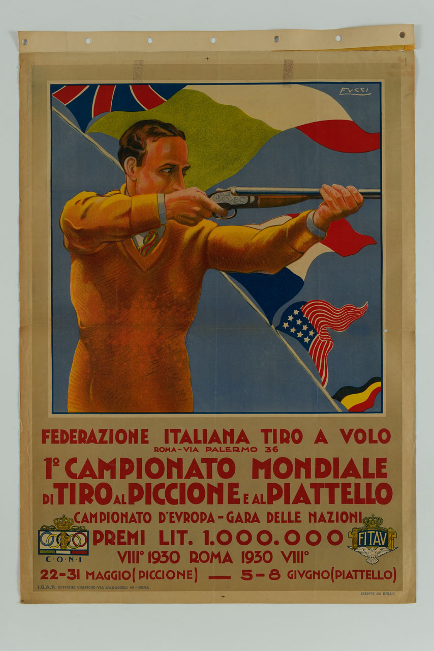 tiratore prende la mira sullo sfondo di numerose bandiere nazionali (manifesto) di Fucci - ambito italiano (sec. XX)
