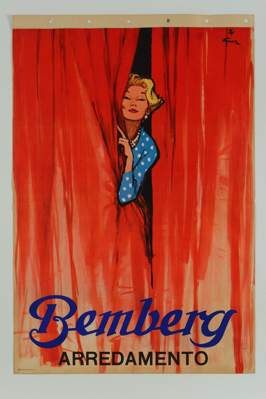 donna fa capolino da dietro un sipario (manifesto) di Gruau René (sec. XX)