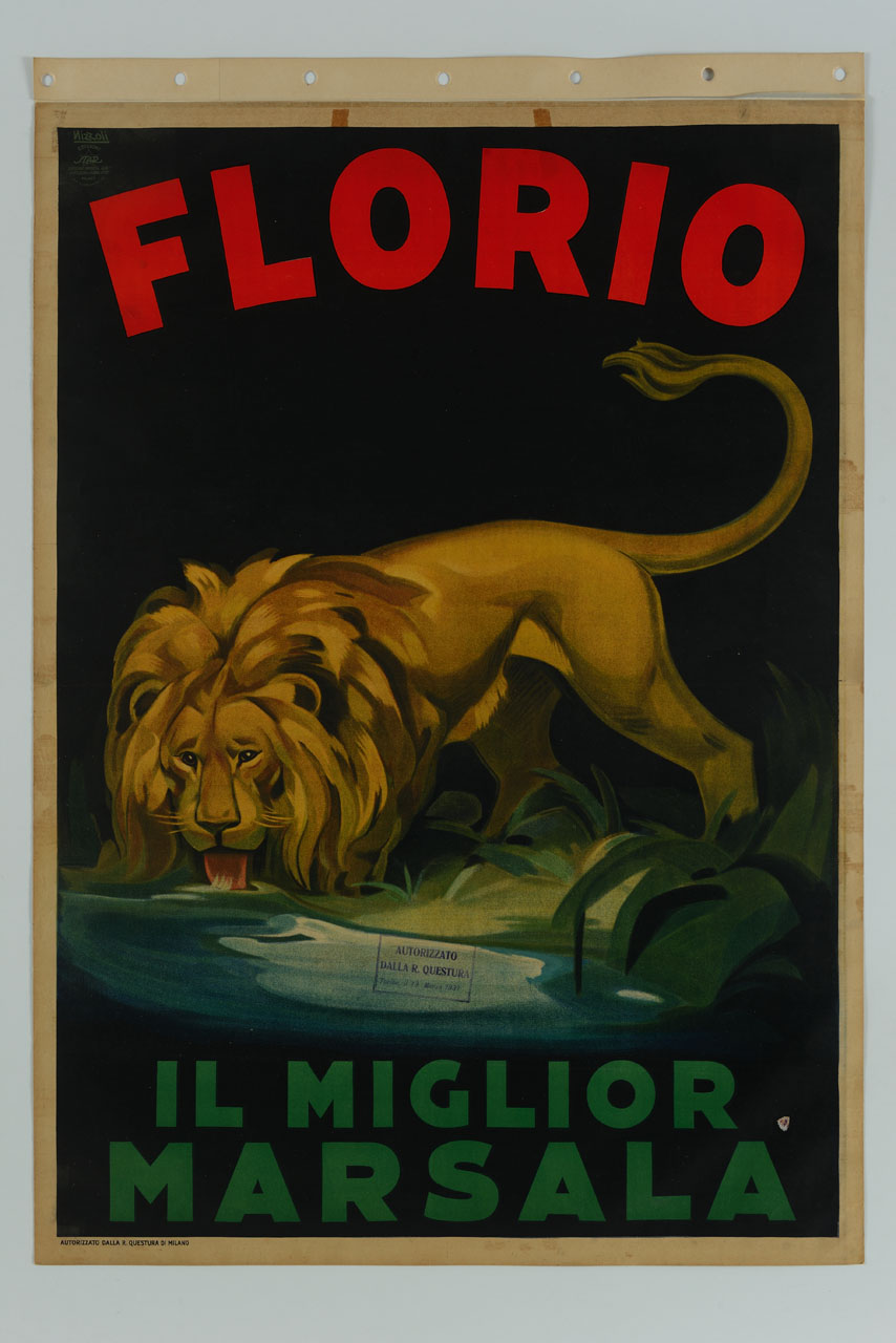 leone si abbevera ad una fonte (manifesto) di Nizzoli Marcello (sec. XX)