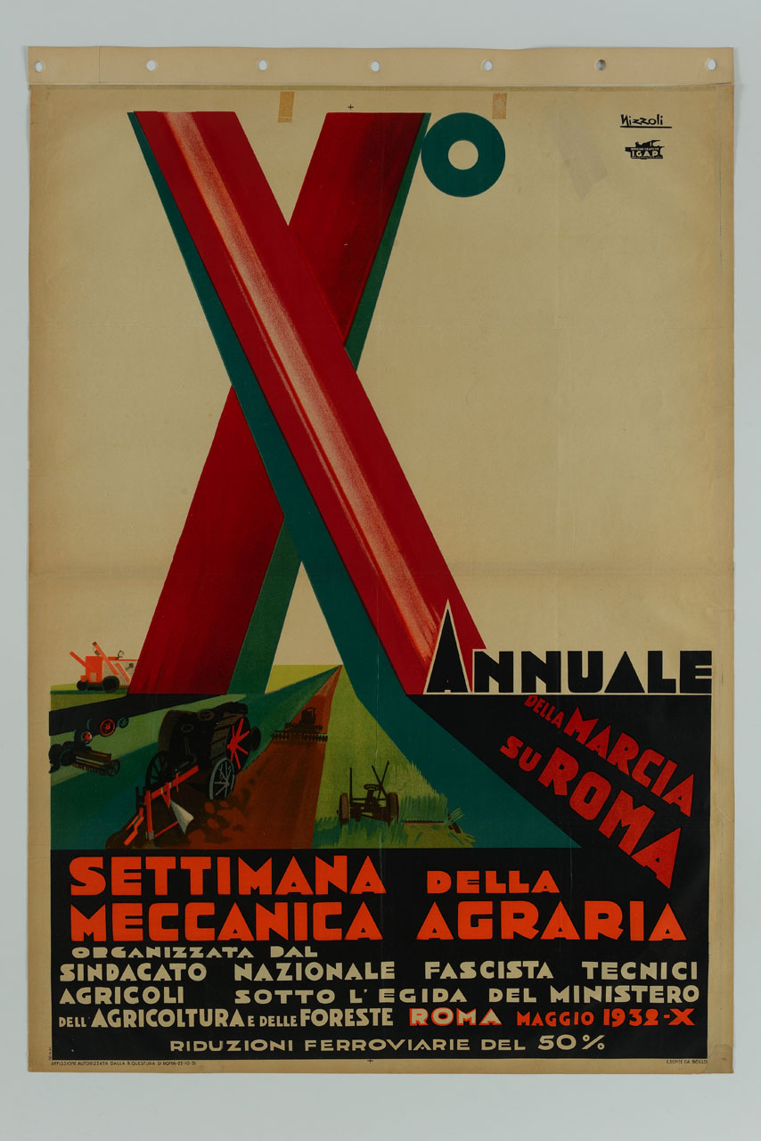 grande X sovrastante campi e macchine agricole al lavoro (manifesto) di Nizzoli Marcello (sec. XX)