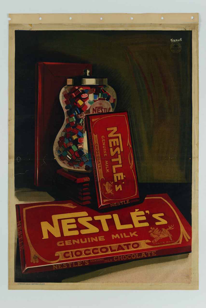 tavolette di cioccolato accanto a un barattolo di cioccolatini (manifesto) di Nizzoli Marcello (sec. XX)