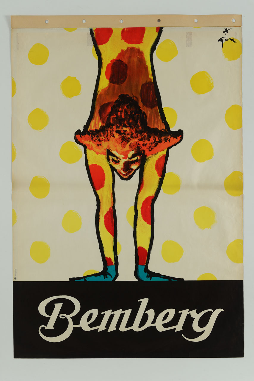 clown dritto sulle mani a testa in giù (manifesto) di Gruau René (sec. XX)