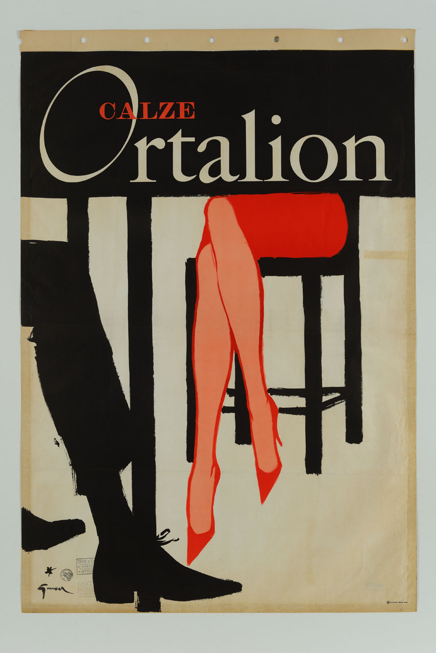 gambe femminili e gambe maschili sotto un tavolo (manifesto) di Gruau René (sec. XX)