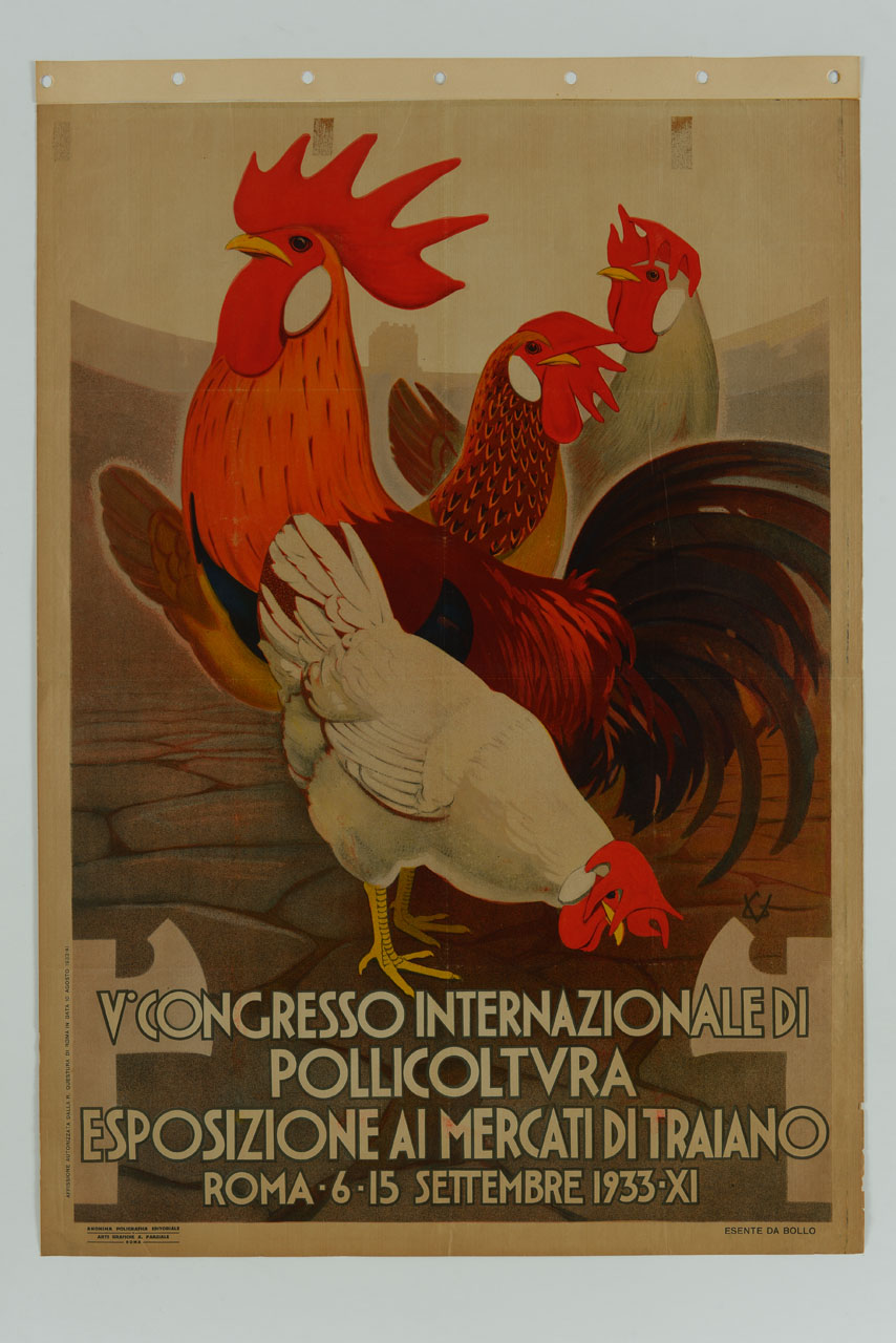 tre galline e un gallo su un selciato (manifesto) di Grassi Vittorio (sec. XX)