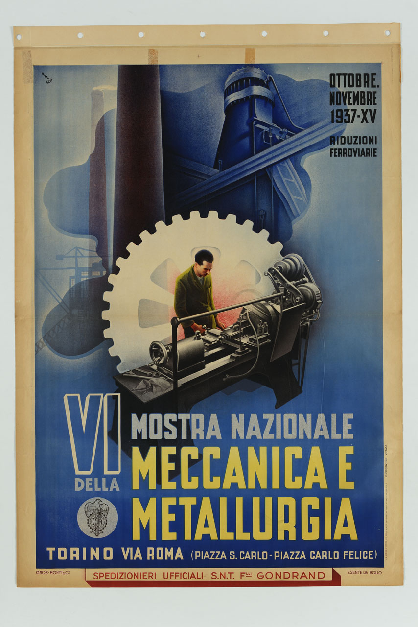 operaio al lavoro al tornio parallelo su sfondo composto da elementi industriali (manifesto) di Gros Mario (sec. XX)