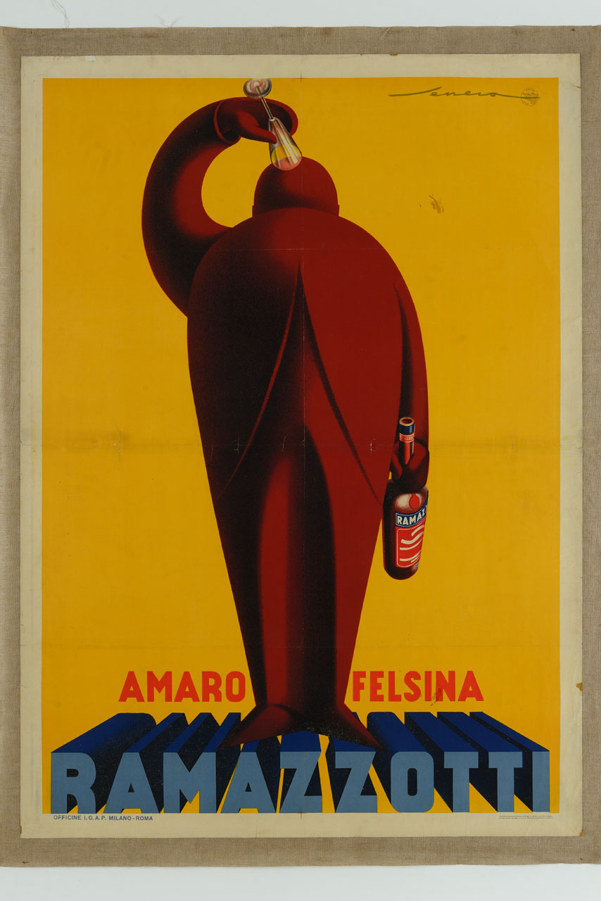 figura maschile in piedi beve un bicchiere di amaro (manifesto) di Seneca Federico (sec. XX)