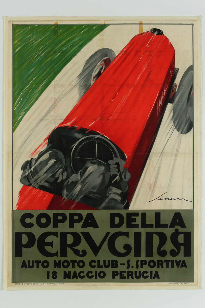 auto in corsa vista dall'alto (manifesto) di Seneca Federico (sec. XX)