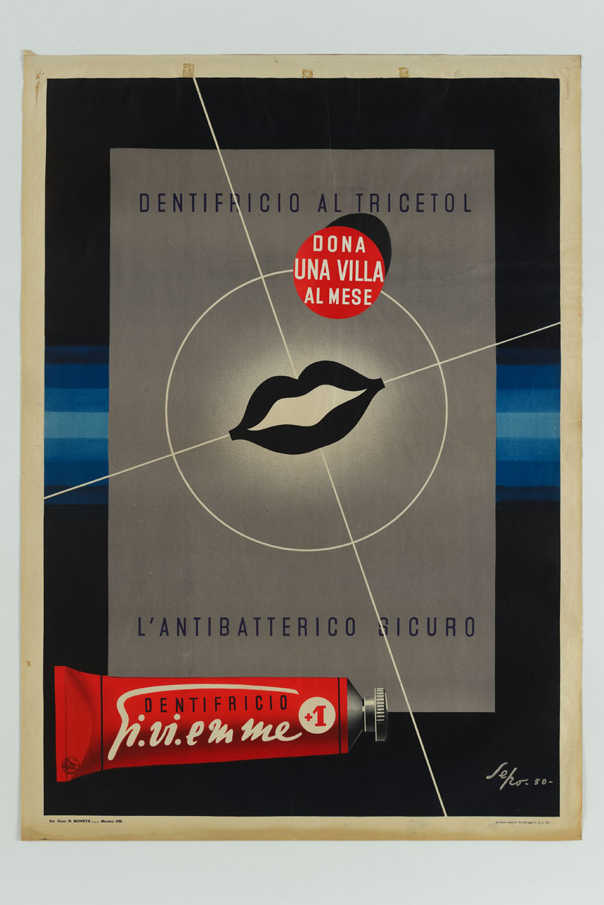 bocca all'interno di rettangolo e tubetto di dentifricio (manifesto) di Pozzati Severo detto Sepo (sec. XX)