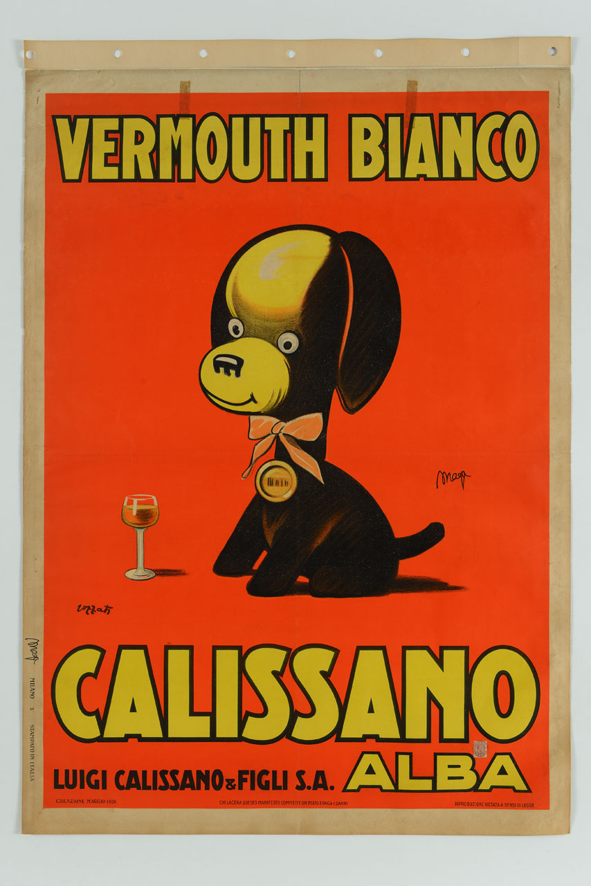 cane con fiocco al collo seduto davanti a bicchierino di vermouth (manifesto) di Pozzati Severo detto Sepo, MAGA (sec. XX)