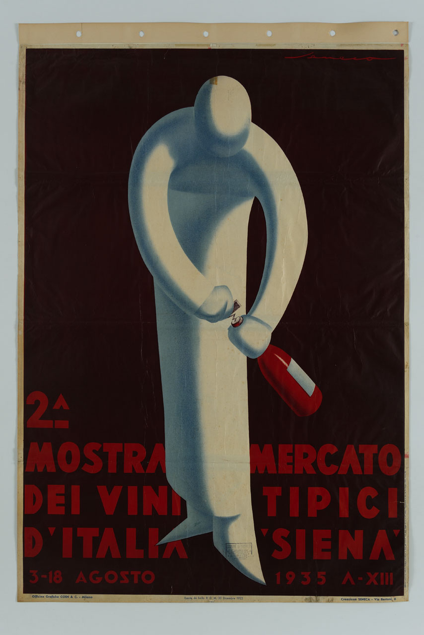 figura maschile con grembiule stappa una bottiglia di vino (manifesto) di Seneca Federico (sec. XX)