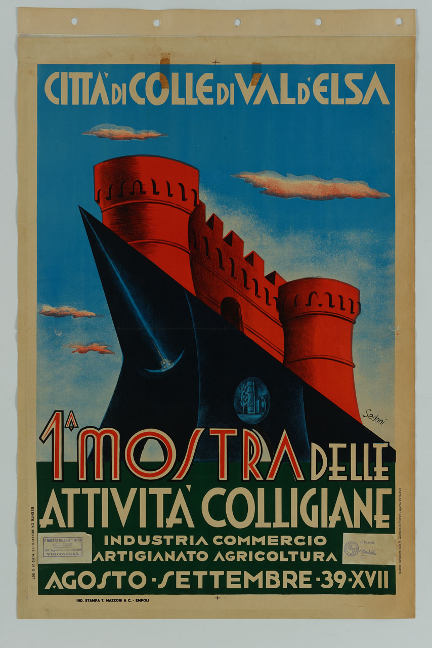 grande incudine con al di sopra il castello di Colle Val d'Elsa (manifesto) di Sedoni - ambito italiano (sec. XX)