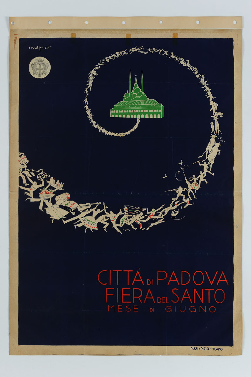 corteo a spirale si dirige verso la Basilica di Sant'Antonio di Padova (manifesto) di Chareun Raoul detto Primo Sinopico (sec. XX)