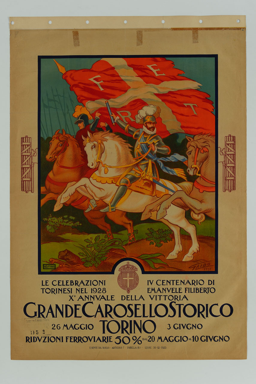 Emanuele Filiberto di Savoia a cavallo (manifesto) di Gaido - ambito italiano (sec. XX)