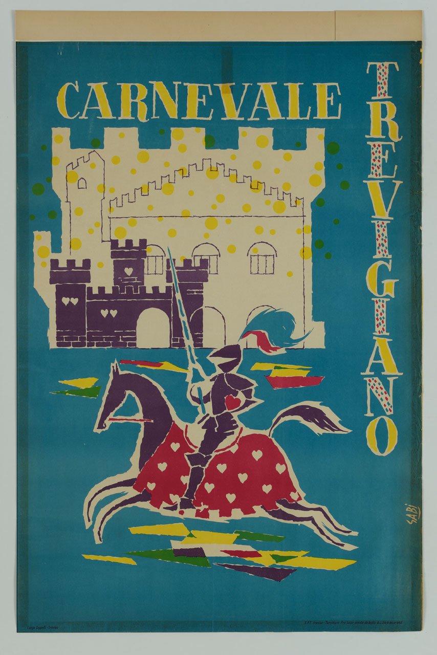 cavallo e cavaliere in armatura sullo sfondo del Palazzo del Trecento a Treviso (manifesto) di Bidasio Degli Imberti Sandro detto Sabi (sec. XX)