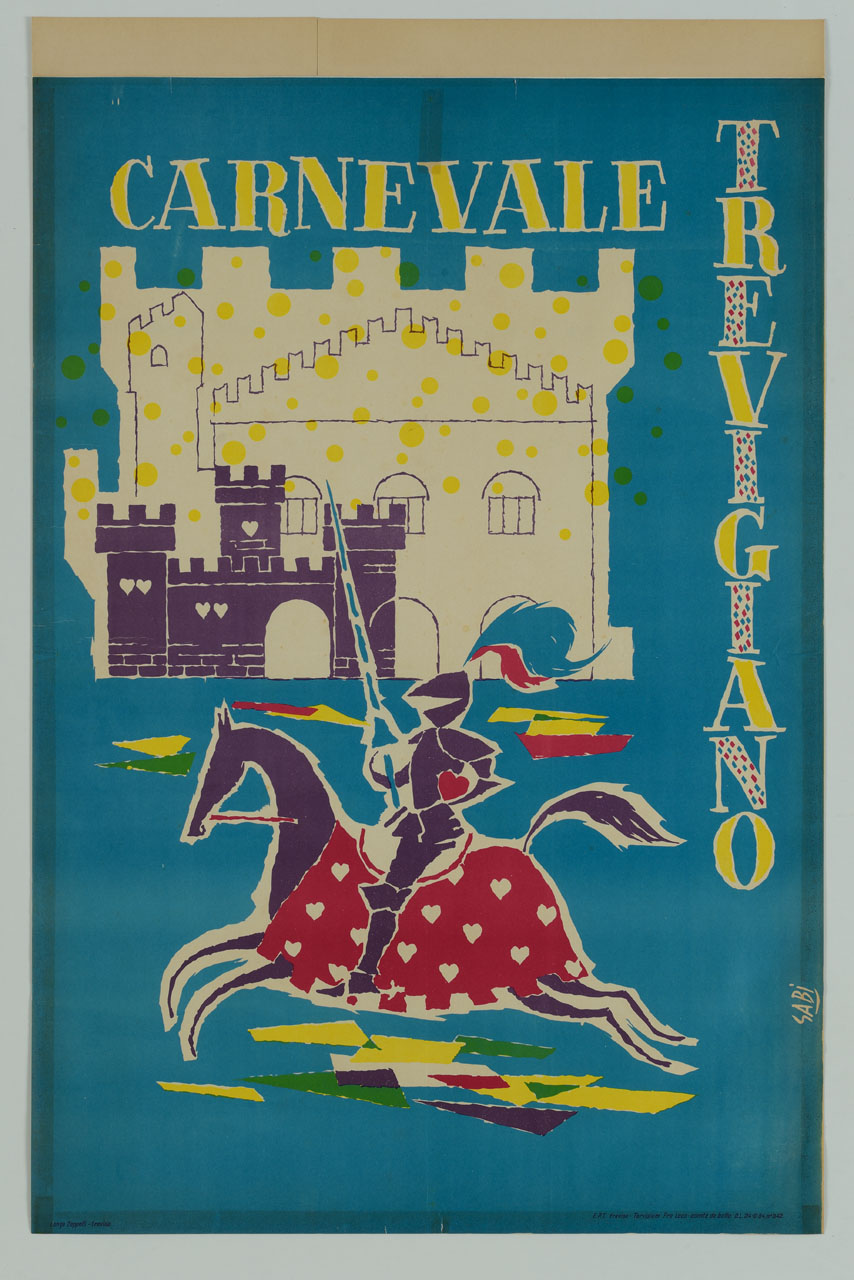 cavallo e cavaliere in armatura sullo sfondo del Palazzo del Trecento a Treviso (manifesto) di Bidasio Degli Imberti Sandro detto Sabi (sec. XX)