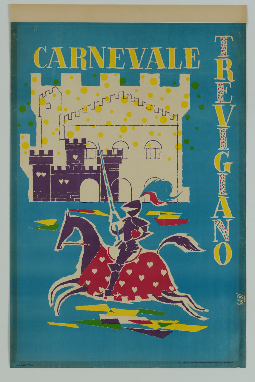 cavallo e cavaliere in armatura sullo sfondo del Palazzo del Trecento a Treviso (manifesto) di Bidasio Degli Imberti Sandro detto Sabi (sec. XX)