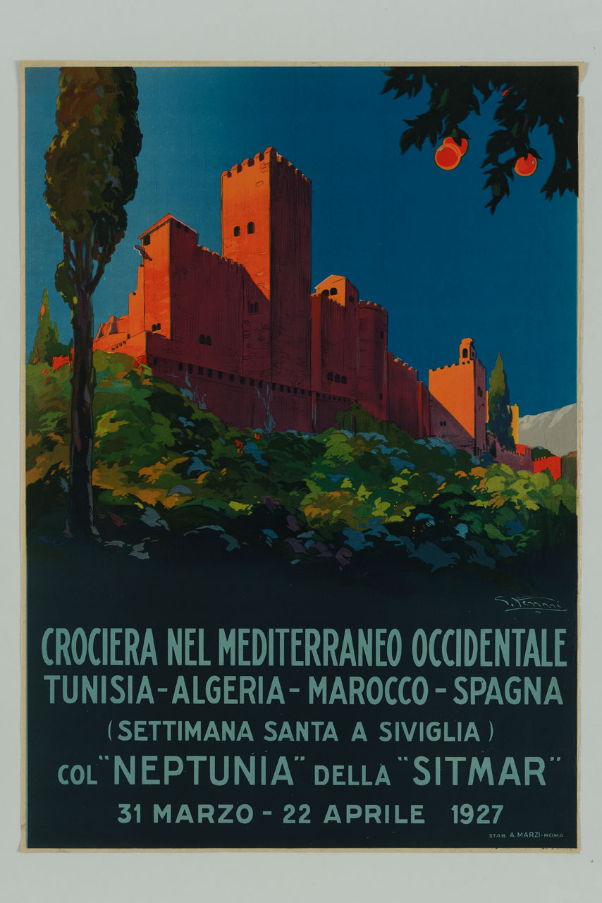 veduta di una fortezza mediterranea (locandina) di Ferrari Giulio (sec. XX)
