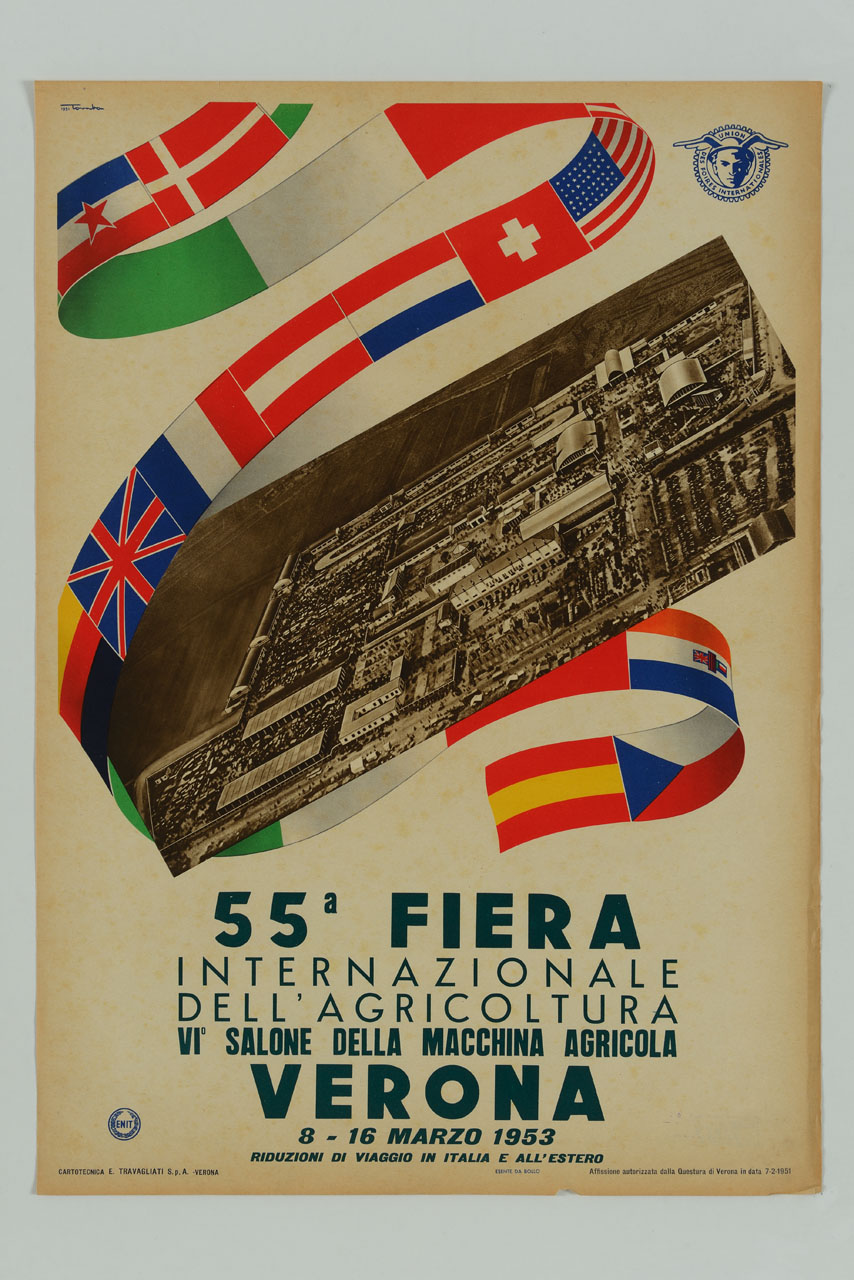 veduta aerea dei padiglioni della Fiera di Verona e nastro di bandiere nazionali (locandina) di Tomba Ernesto Amos (sec. XX)