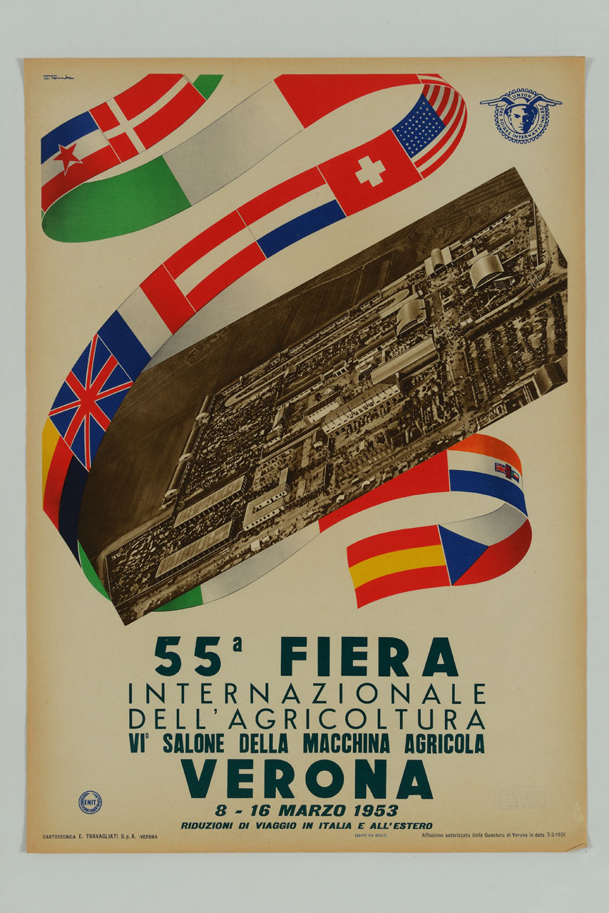 veduta aerea dei padiglioni della Fiera di Verona e nastro di bandiere nazionali (locandina) di Tomba Ernesto Amos (sec. XX)