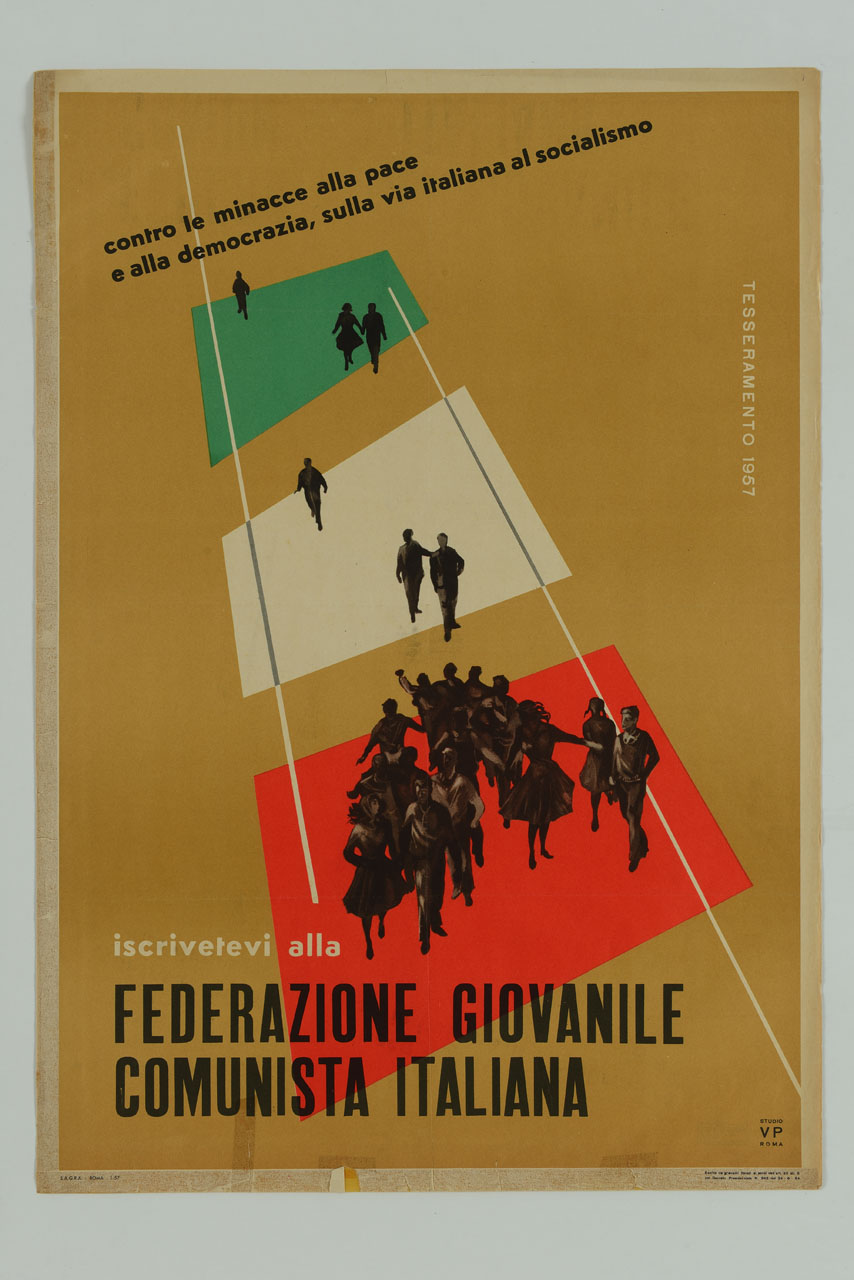 striscia pedonale verde, bianca e rossa con transito di uomini e donne (manifesto) di Studio Visigalli Pasetti (sec. XX)