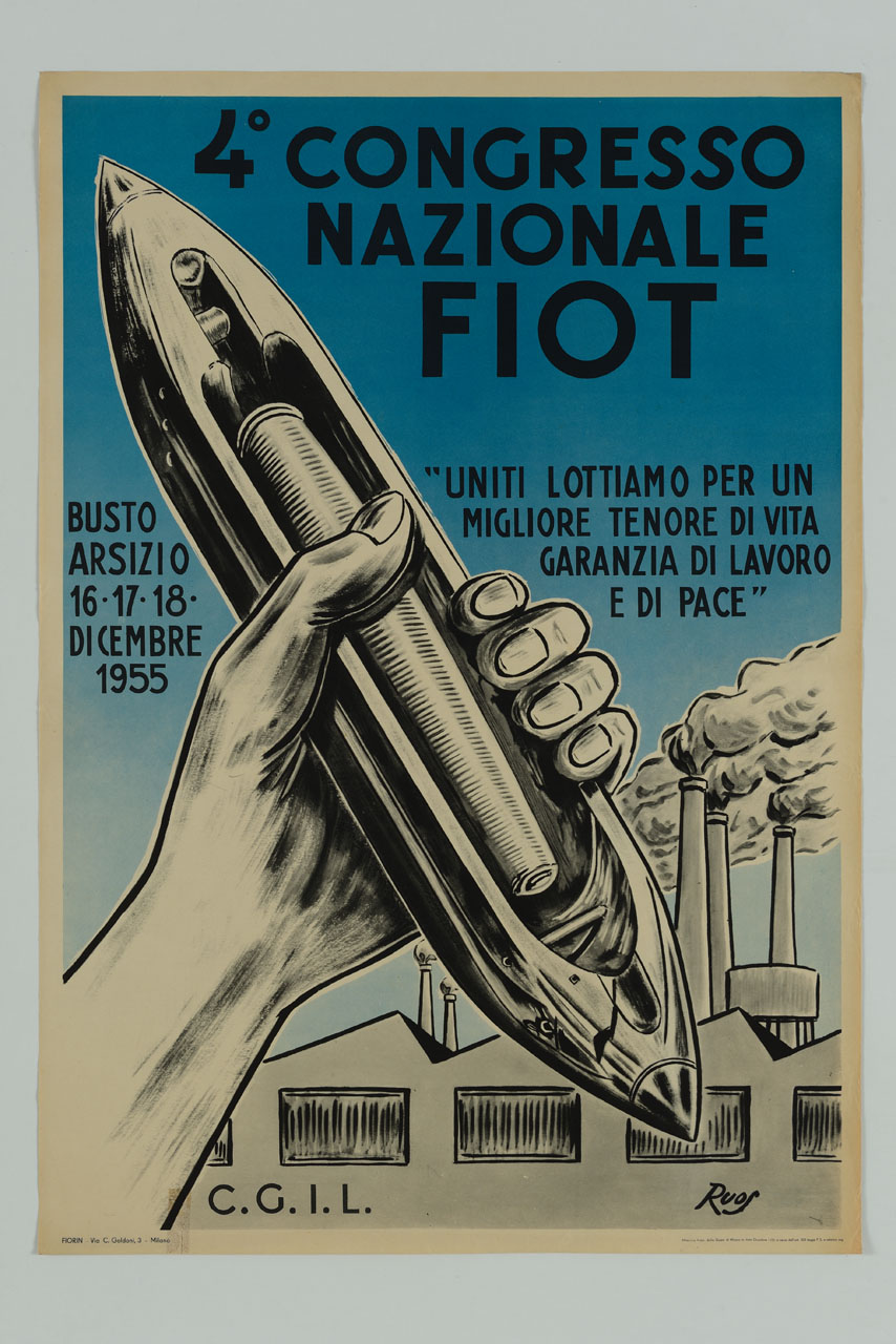 proiettile di telaio sullo sfondo di uno stabilimento industriale (manifesto) di RUOS - ambito italiano (sec. XX)