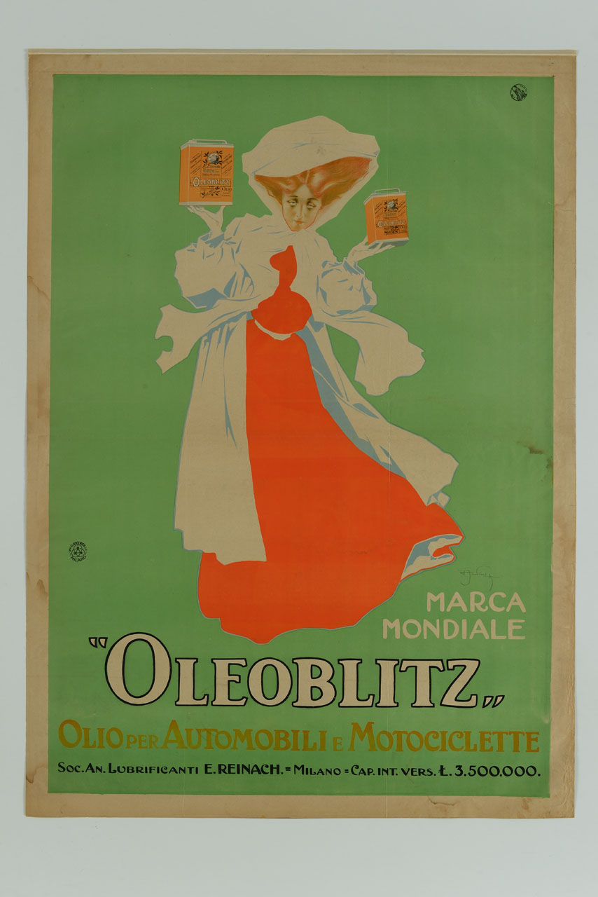 donna mostra due taniche di olio lubrificante per auto (manifesto) di Villa Aleardo (secc. XIX/ XX)
