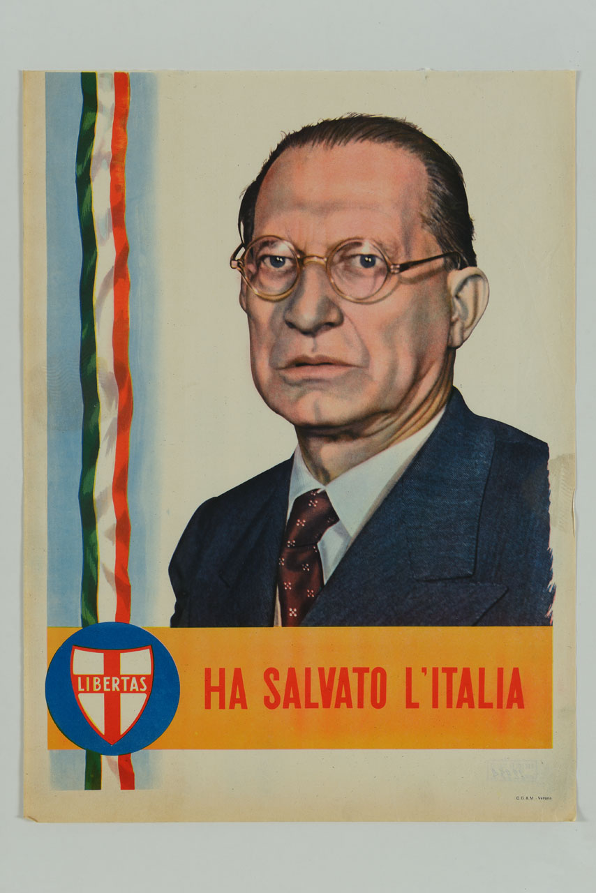 ritratto a mezzo busto di Alcide De Gasperi (locandina) - ambito italiano (sec. XX)