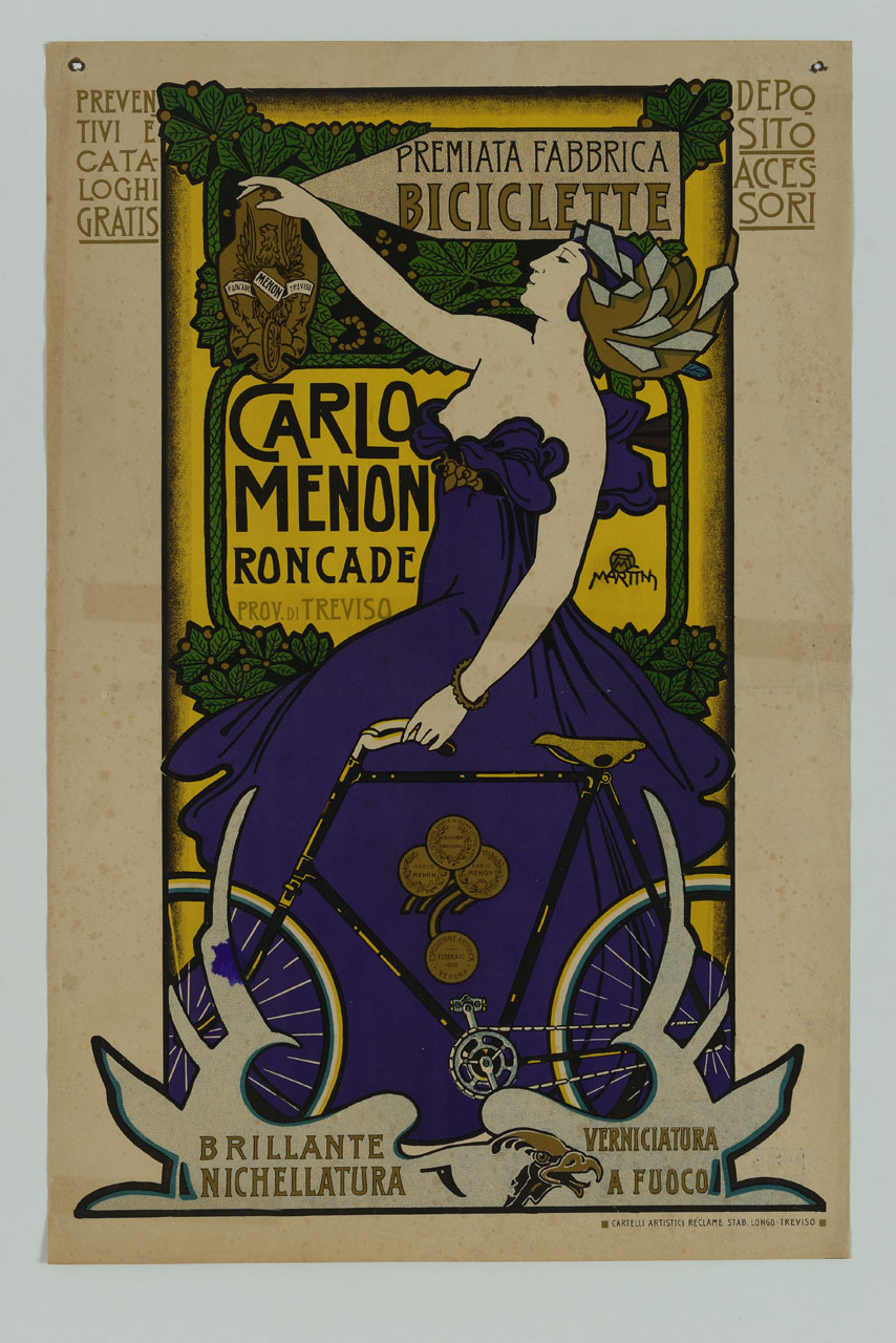 donna tiene per il manubrio una bicicletta (locandina) di Martini Alberto Giacomo Spiridione (inizio sec. XX)