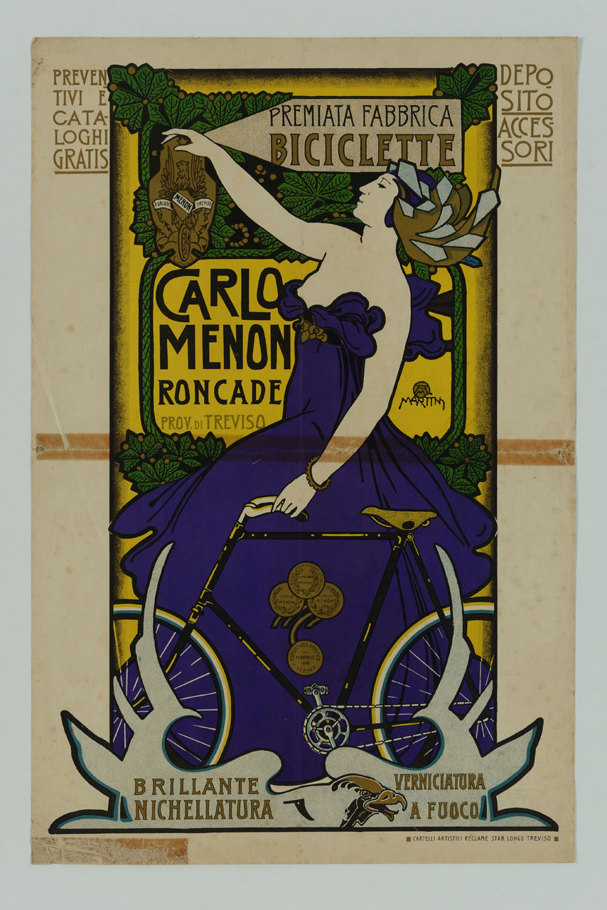 donna tiene per il manubrio una bicicletta (locandina) di Martini Alberto Giacomo Spiridione (inizio sec. XX)