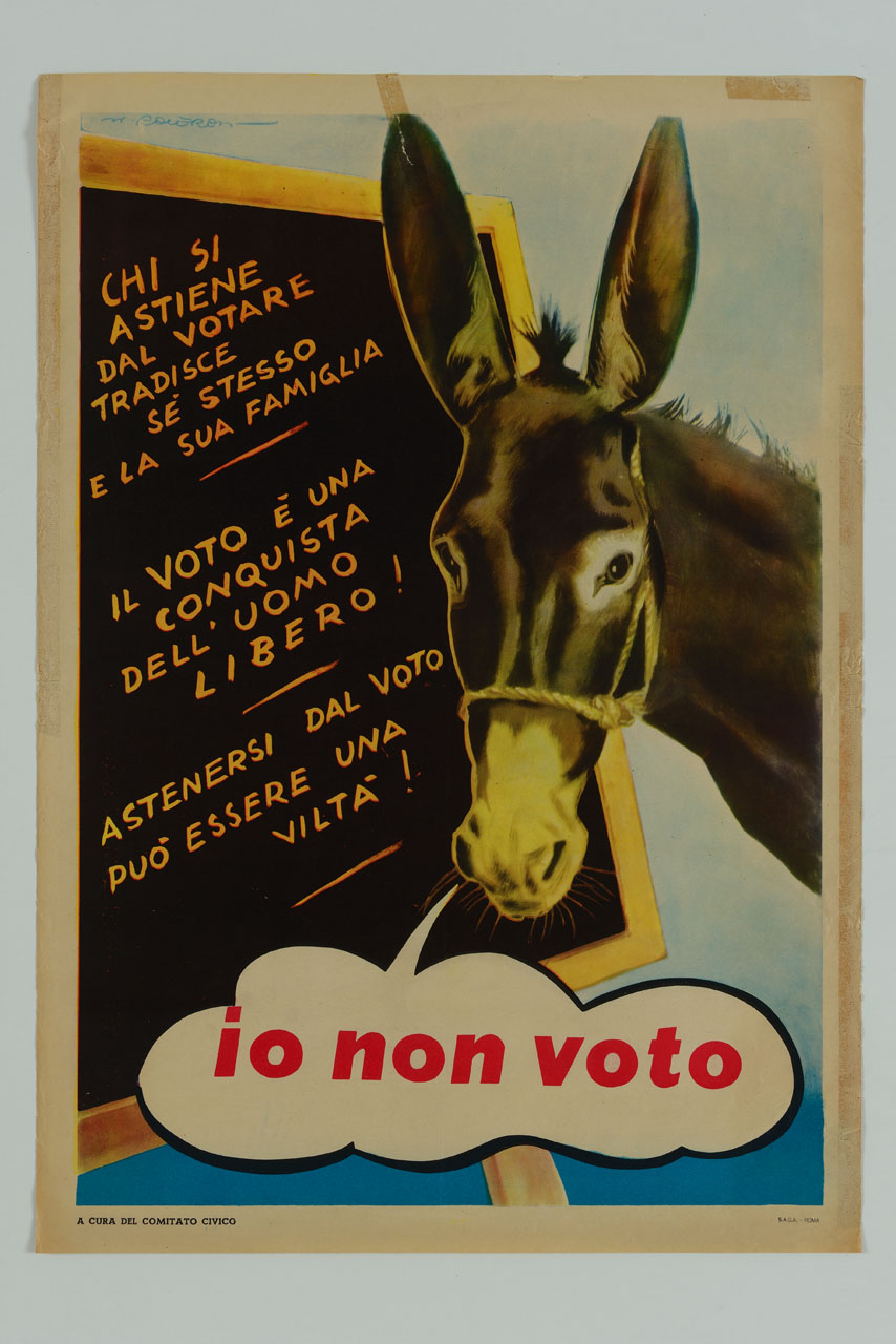 asino vicino ad una lavagna (manifesto) di Roveroni Walter (sec. XX)