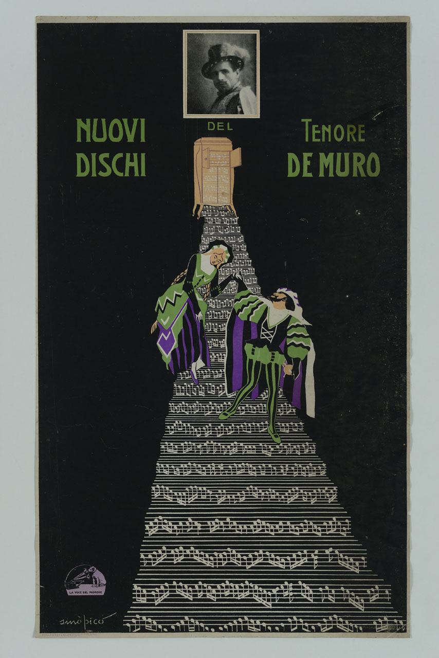 dama e cavaliere in costume rinascimentale scendono una scala di pentagrammi musicali sotto il ritratto del tenore Enzo De Muro (locandina) di Chareun Raoul detto Primo Sinopico (secondo quarto sec. XX)