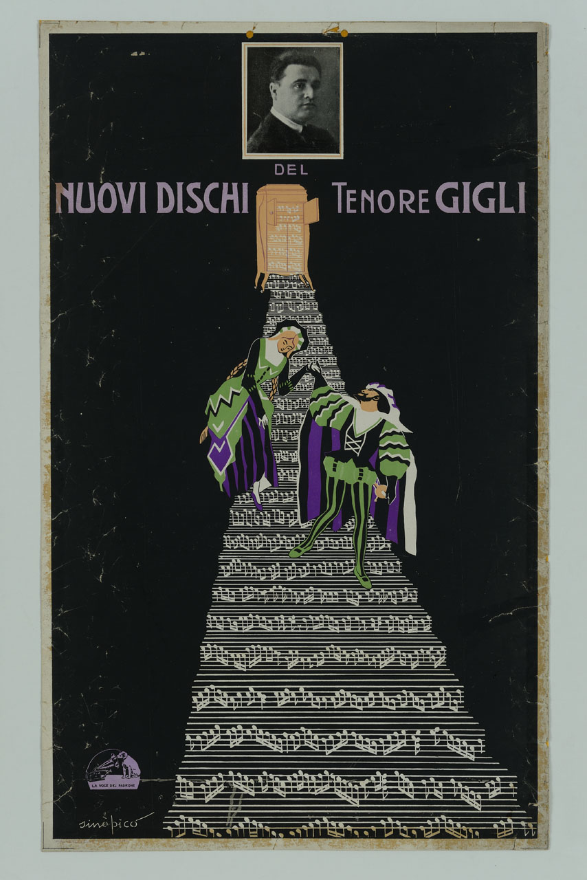 dama e cavaliere in costume rinascimentale scendono una scala di pentagrammi musicali sotto il ritratto del tenore Beniamino Gigli (locandina) di Chareun Raoul detto Primo Sinopico (secondo quarto sec. XX)