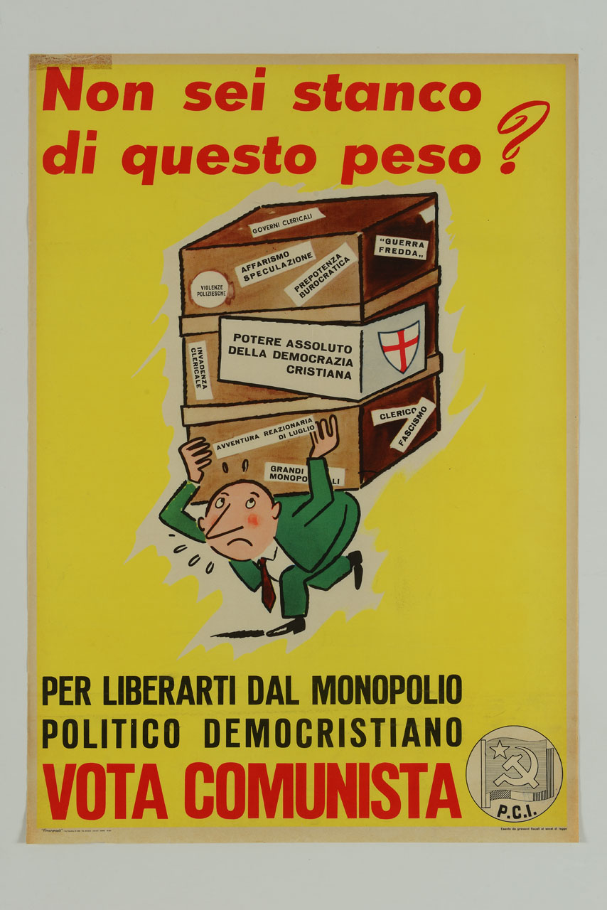 uomo trasporta con fatica urne elettorali (manifesto) - ambito italiano (sec. XX)