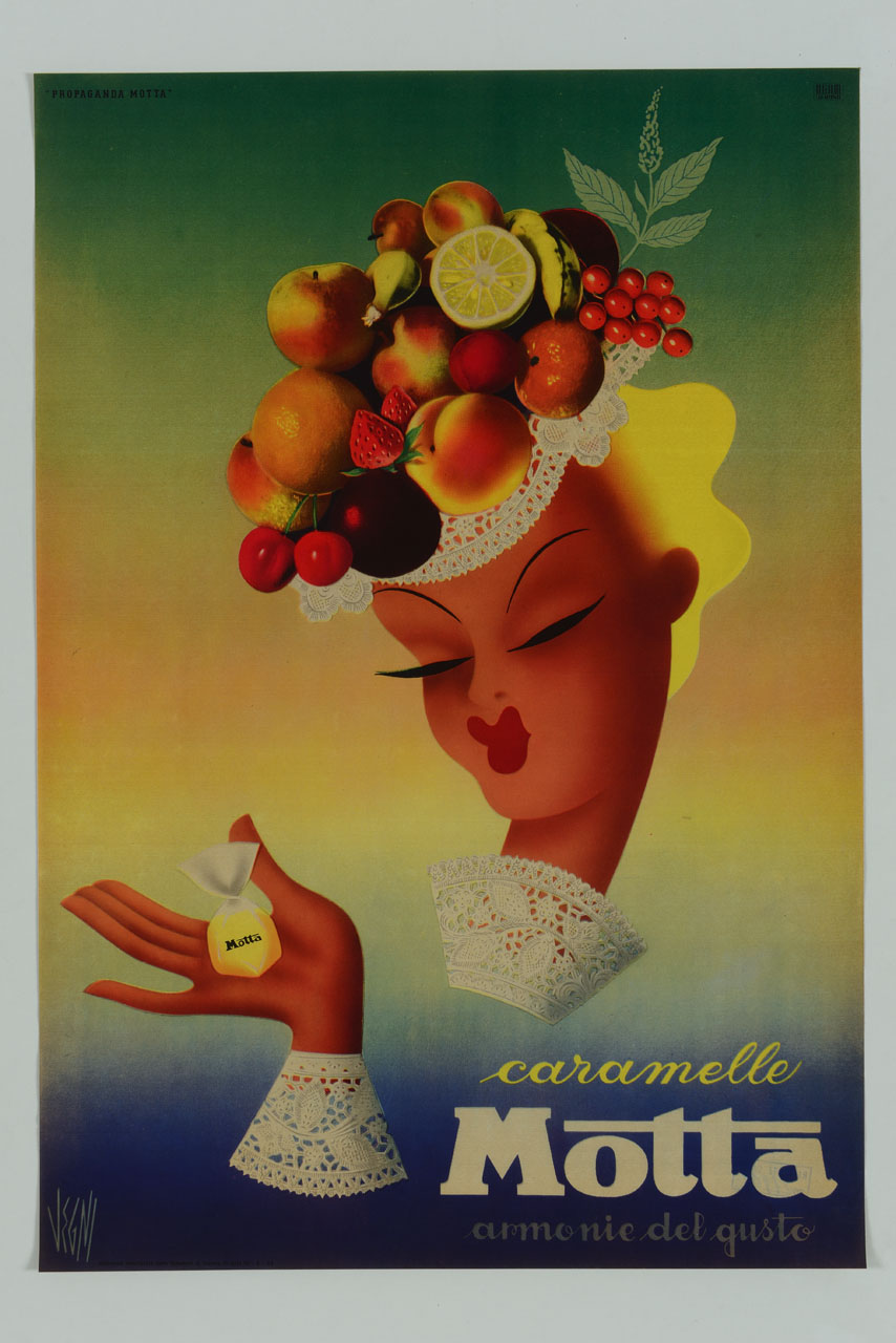 ragazza con cappello di frutta tiene una caramella sul palmo della mano (locandina) di Vegni Luciano (sec. XX)