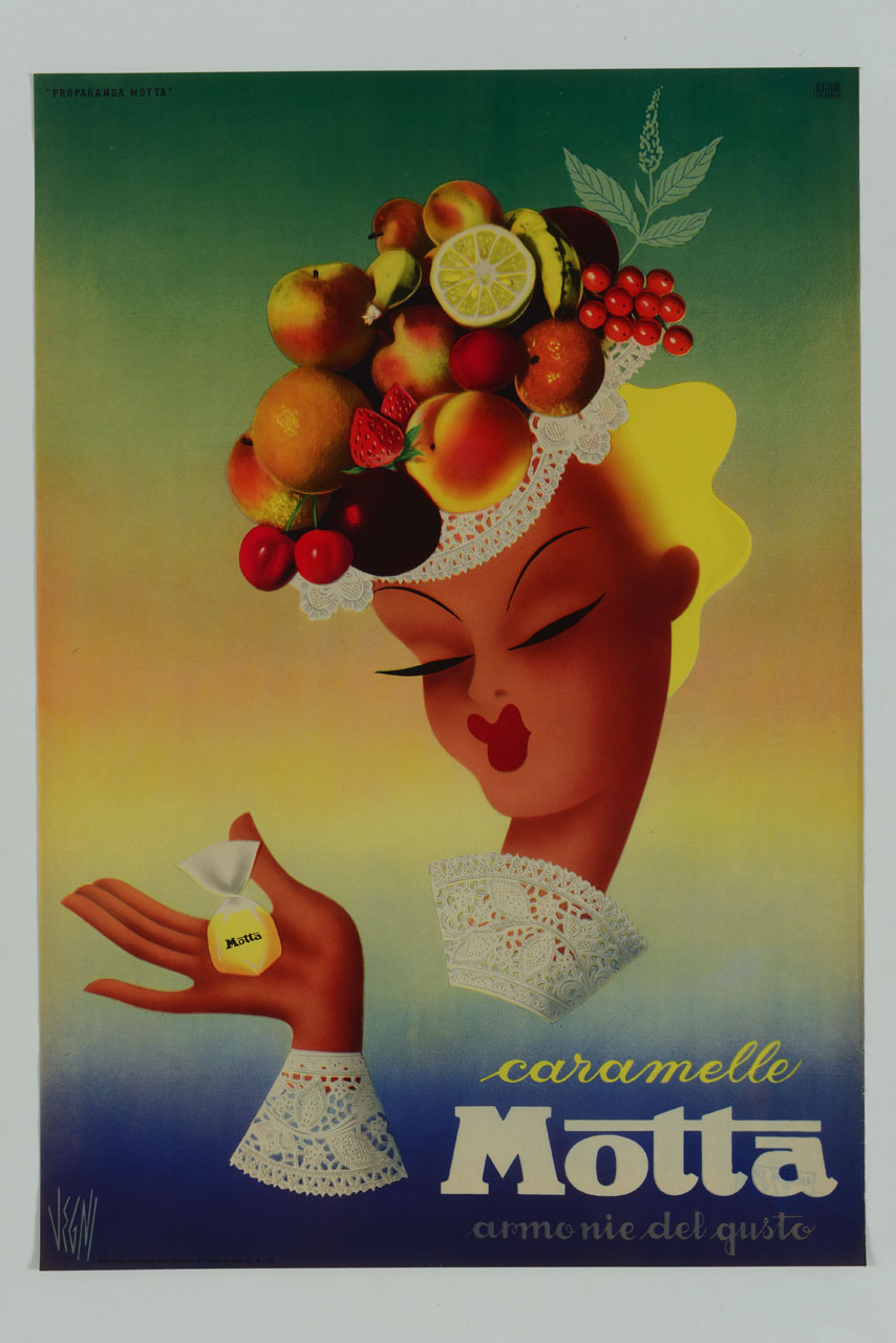 ragazza con cappello di frutta tiene una caramella sul palmo della mano (locandina) di Vegni Luciano (sec. XX)