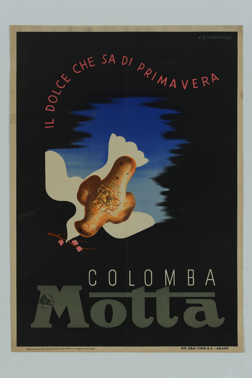 colomba di Pasqua su sagoma di colomba con ramo fiorito nel becco (locandina) di Mouron Adolphe detto Cassandre (sec. XX)
