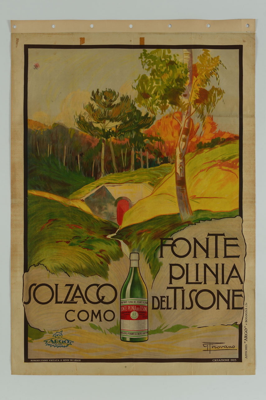 bottiglia d'acqua minerale e fonte in un paesaggio boscoso (manifesto) di Pirovano Giovanni, Argo - Creazione Marche di Pubblicità (sec. XX)