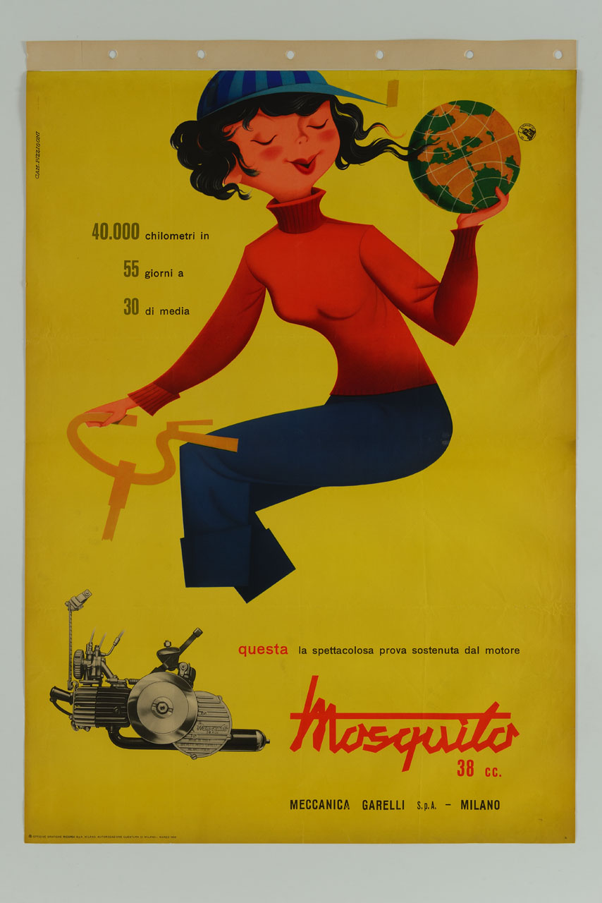 donna seduta con pianeta Terra in mano e in basso un motore per biciclette (manifesto) di Pizzigoni Camillo (sec. XX)