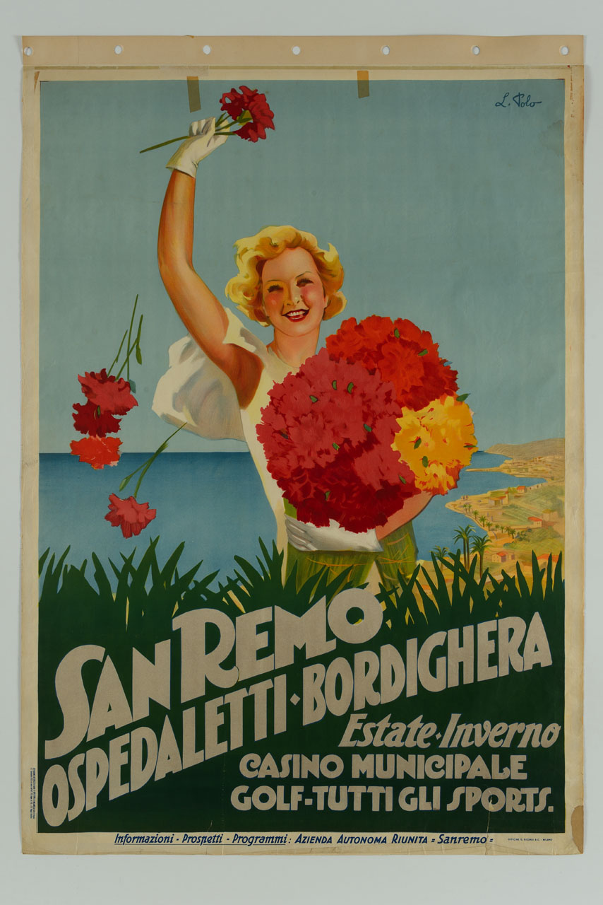 donna con mazzo di garofani sullo sfondo di una costa marittima (manifesto) di Polo Luisa (sec. XX)