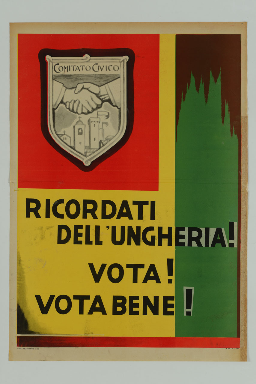 stemma con stretta di mani su sfondo di campanili e torri (manifesto) - ambito italiano (sec. XX)