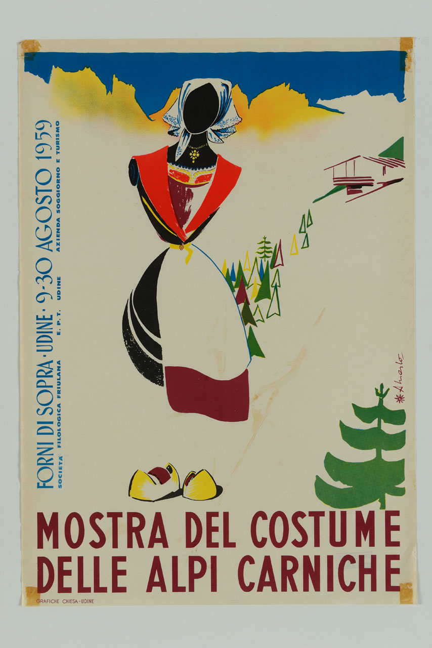 donna in costume tradizionale in un paesaggio montano (locandina) di Merlo Aldo (sec. XX)